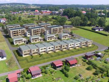 3D vizualizace bytových domů developerského projektu Byty Frýdek - letecký záběr z dronu.